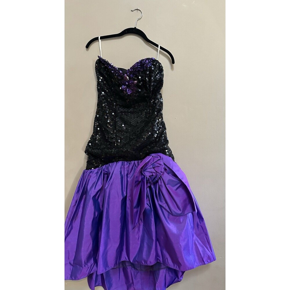 Vintage 80s Flirtations by Alfred Angelo Black Purple Sequin Prom Dress Party S